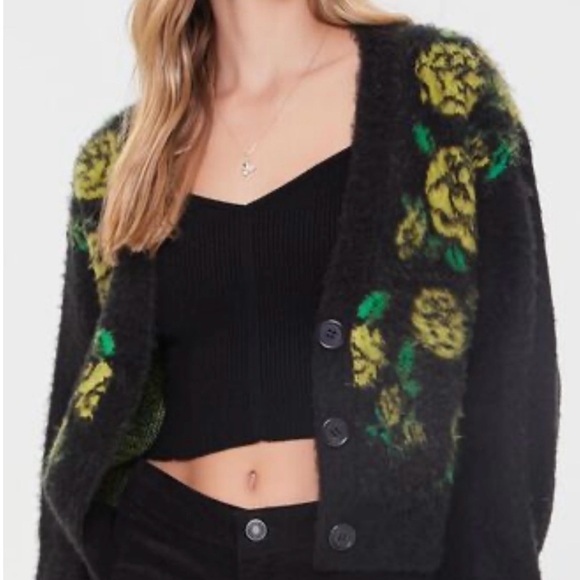 Forever 21 Sweaters - Forever 21 Black & Yellow Floral Cardigan